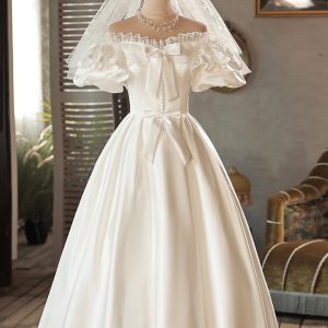 White Satin Lace Short Prom Dress, White Evening Dress, Wedding Dress