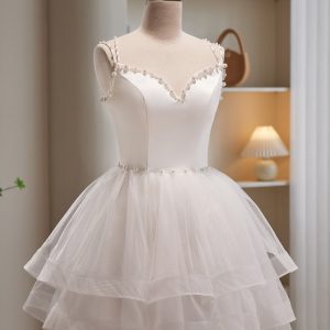 White Spaghetti Strap Tulle Short Prom Dress, Cute A-Line Party Dress
