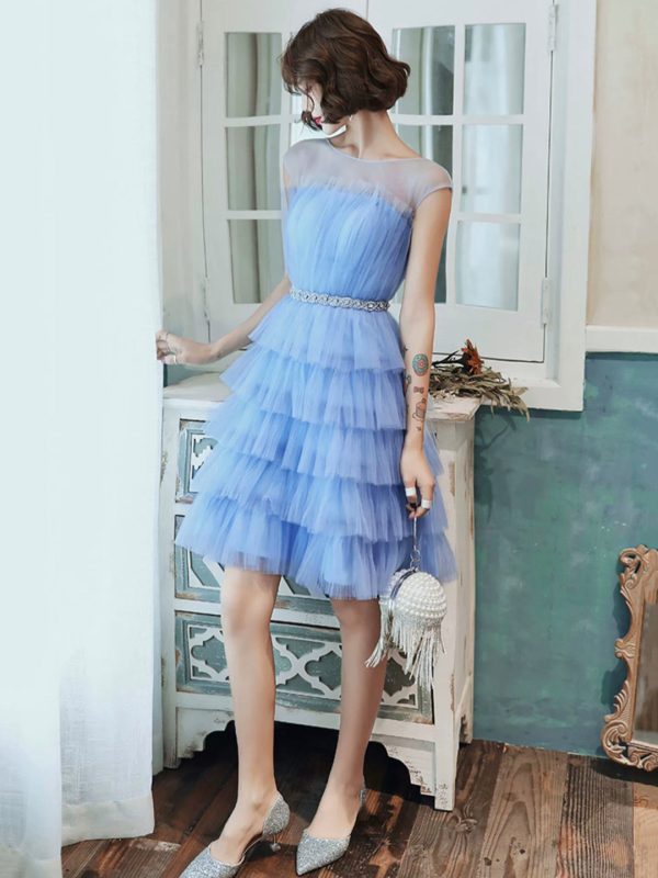 Blue Tulle Round Neckline Short Prom Dress, Cute Layered Blue Evening Party Dress